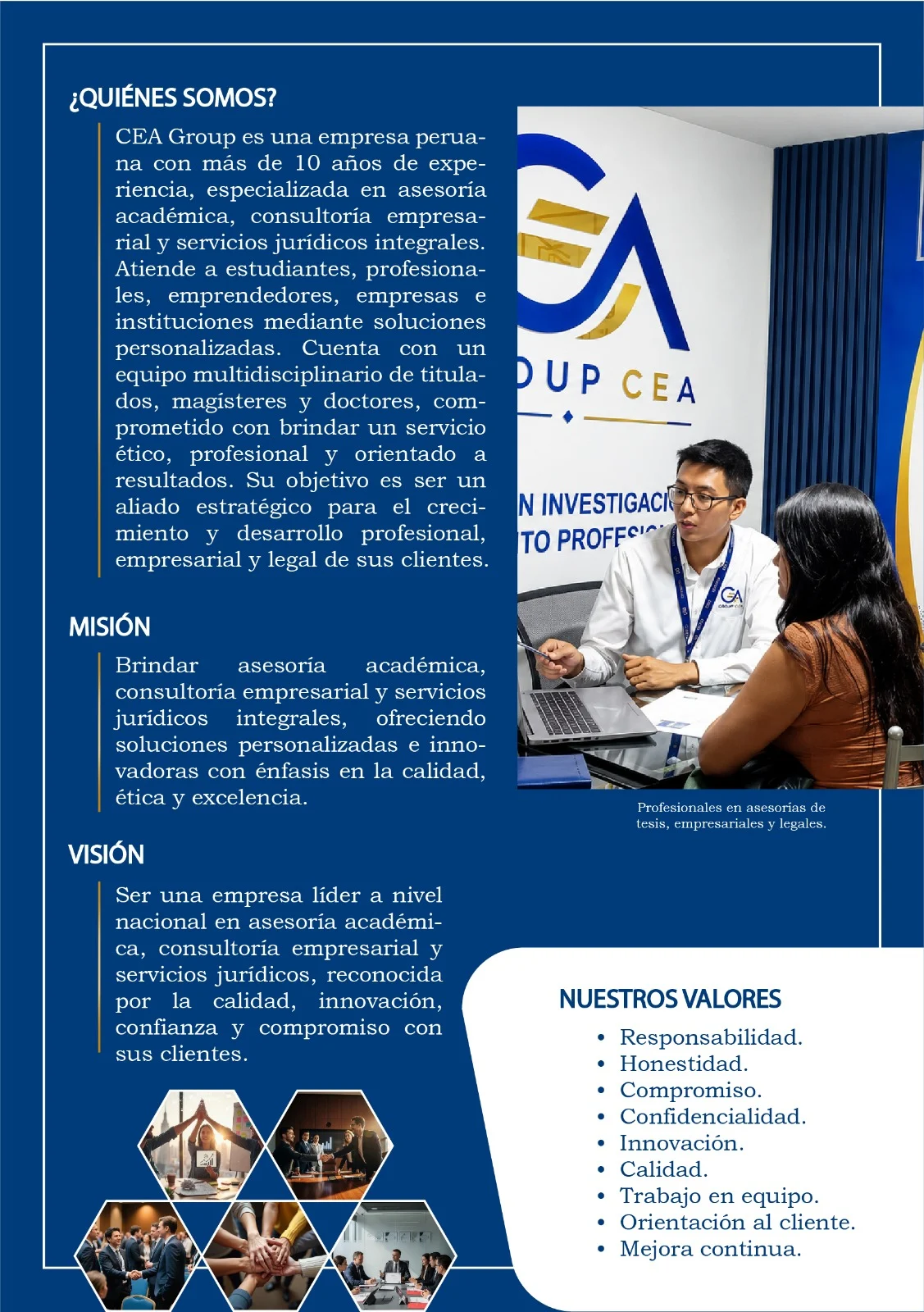 Brochure institucional de GROUP CEA con quiénes somos, misión, visión y valores