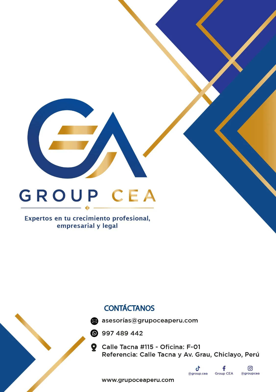 Tarjeta oficial de contacto de GROUP CEA con sede central, teléfono y redes sociales